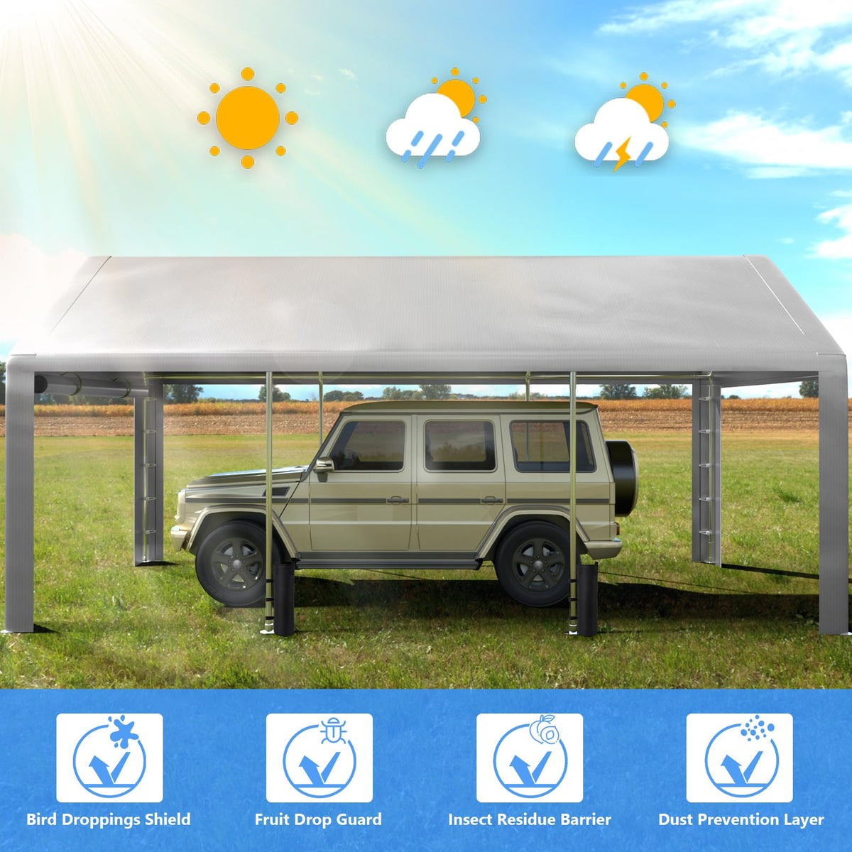 Jocoevol Carport 10x20 FT Enclosed Carport with Roll-up Windows, Portable Garage with Removable Sidewalls & Doors, Car Canopy Tent with Sandbags All-Season Tarp for Car Boat Truck Motorcycle