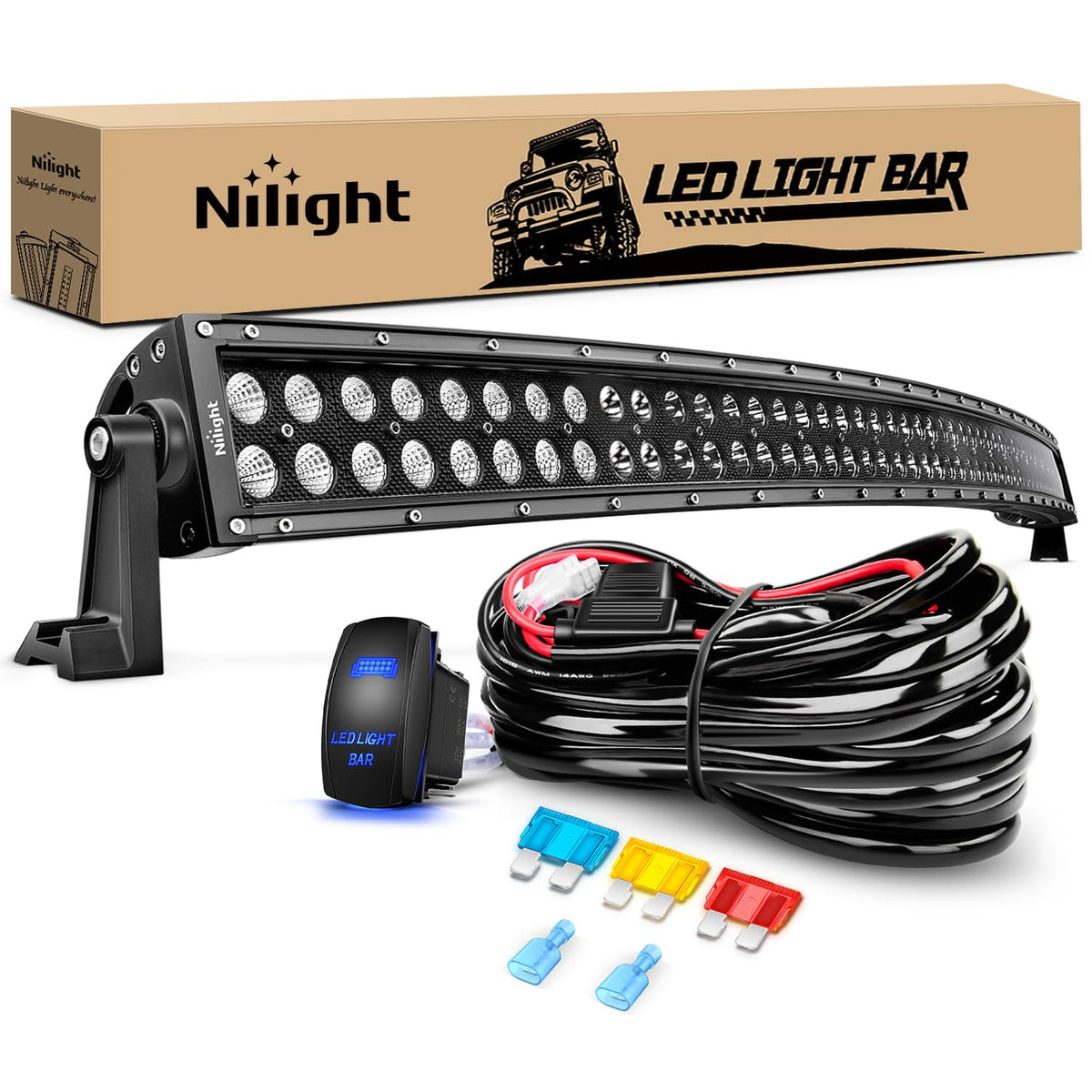 Nilight ZH120 50Inch 50 Inch 288W Curved Spot Flood Combo Bar LED Off Road Driving Light and 1PC 14AWG 12V 5Pin Rocker Switch Wiring Harness Kit-1 Lead, 2 Years Warranty, White