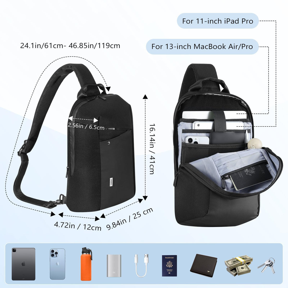 MoKo Compact EDC Sling Bag for New 13-inch iPad Pro M4/Air M2, Minimalist Chest Shoulder Crossbody Bag for Men Women Daily Use, Single Strap Daypack for New 13" MacBook Air/14 MacBook Pro, Black