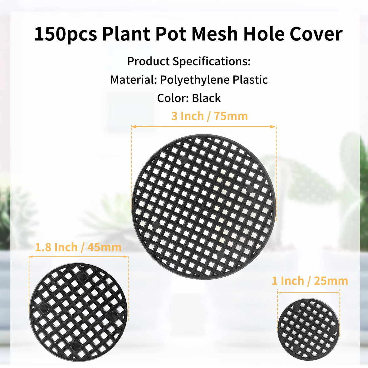 Bivethoi 150pcs Plant Pot Hole Cover - Bonsai Drainage Mesh Screens (3 Sizes, Black)