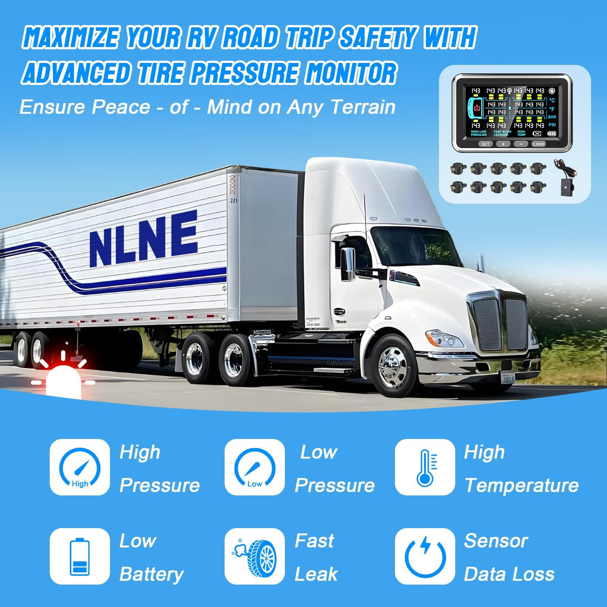 NLNE Trailer Tire Pressure Monitoring System 8 Sensors, 4.5" RV TPMS with Flow Through Sensor,6 Alerts Modes Monitor for Semi Truck/Camper/5th Wheel,Motorhome,Signal Booster,0-188PSI(4-22 Sensors)