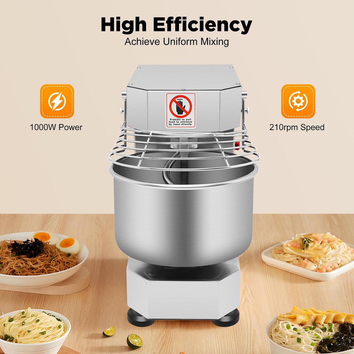 10L/2.6 Gal Commercial Food Mixer, 750W 110V Electric Spiral Mixer Rotation Speed 100/200R/Min Waterproof Level IPX1, Dough Kneading Machine for Dough, Salad, Cream