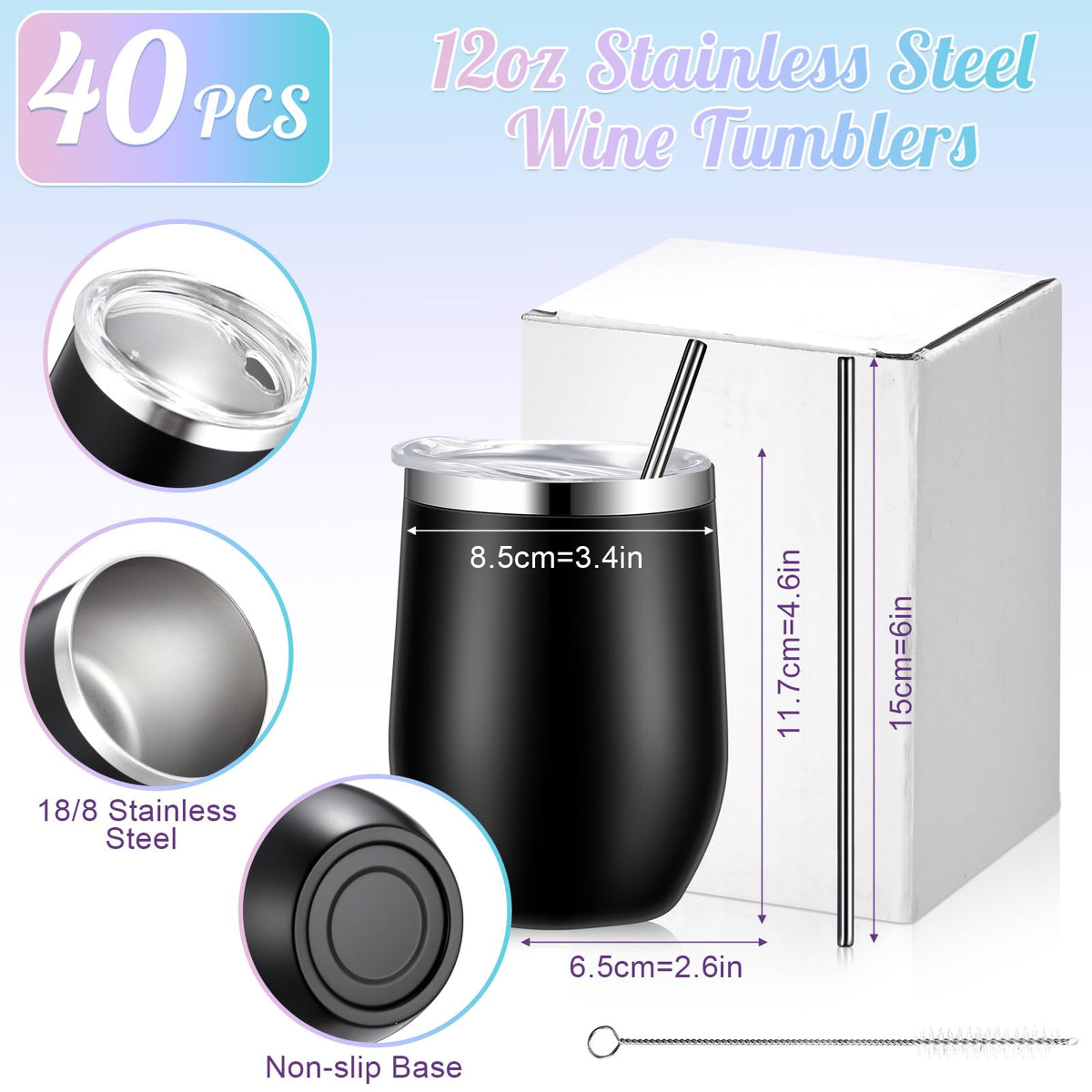 Sieral 40 Pack Insulated Wine Tumblers Bulk 12oz Stainless Steel Wine Cups with Lids & Straws, Double Wall Vacuum Coffee Tumbler for Wedding Party, Employee Teacher Nurse Gifts(Black, White, Silver)