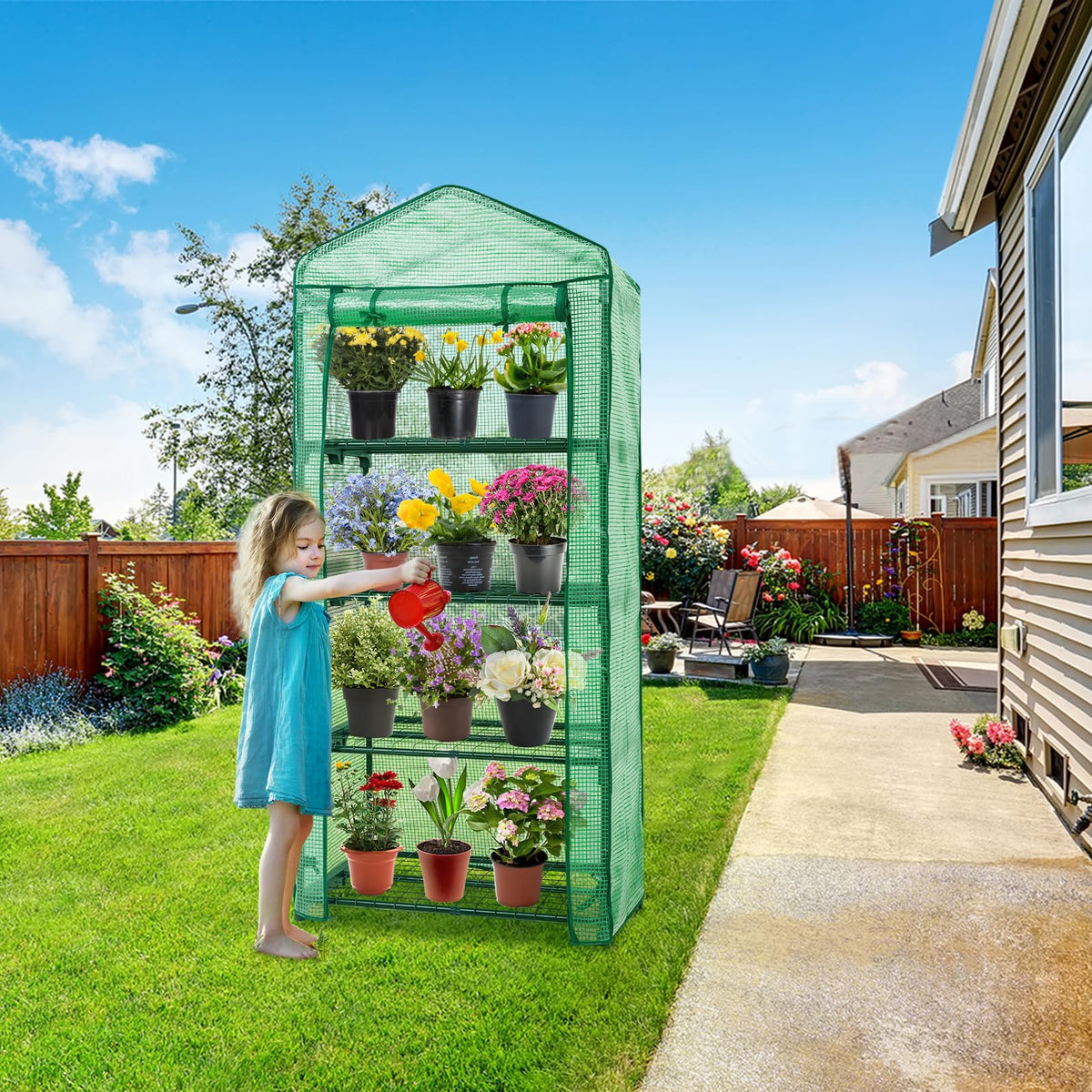 EAGLE PEAK 4-Tier Mini Greenhouse Portable Green House with Shelves & Weather-Resistant PE Cover, Small Greenhouse for Seedlings & Gardening Gifts, 27x19x64 in, Clear/Green