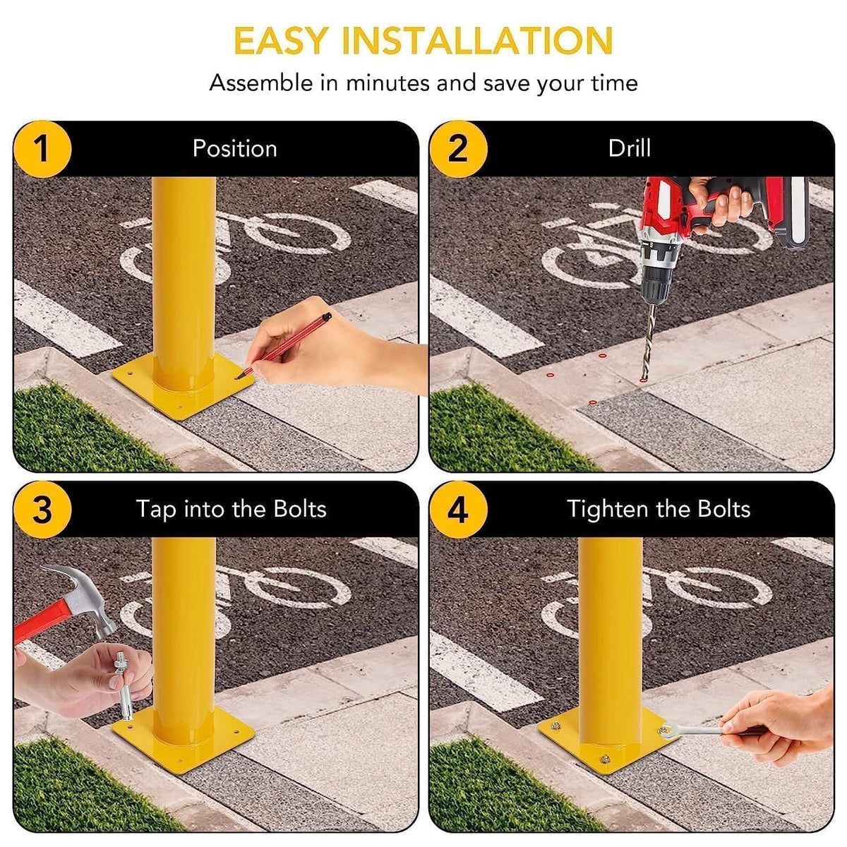 6Pcs 48 Inch Safety Bollard Post, 4.5 Inch Diameter Steel Pipe Bollard with 24 Anchor Bolts, Heavy Duty Yellow Steel Bollard for Parking Lot Security, Driveway Barrier, Traffic-Sensitive Areas