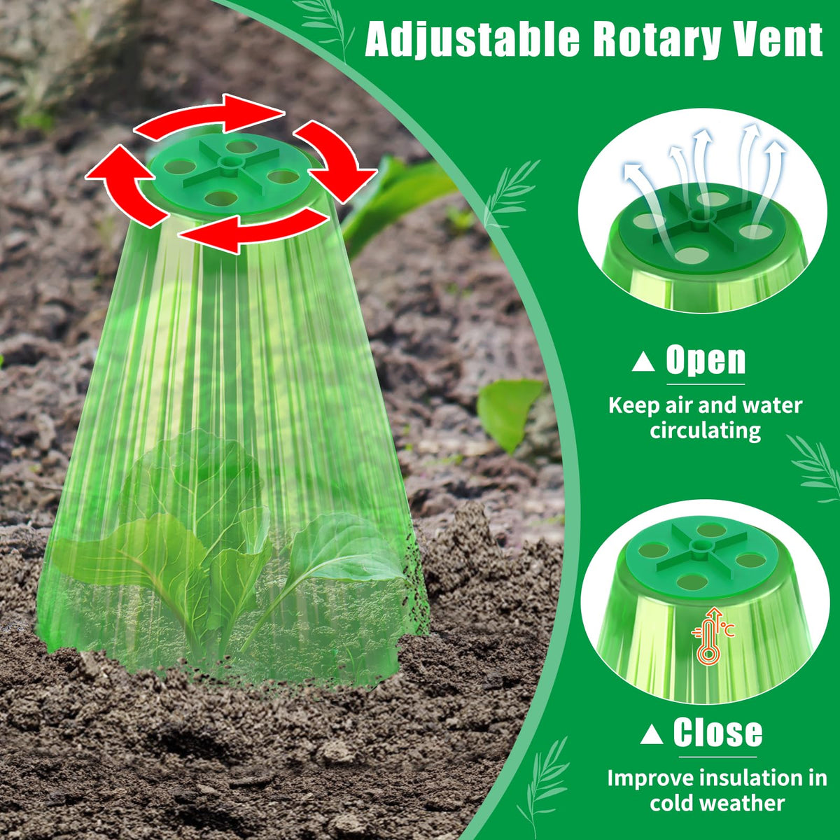 UQM 30 Pack Garden Cloches for Plants, Reusable Bell Plant Protector with Rotary Vent Cover, Garden Protection from Animals Snails Birds Chickens Insect, 9.18" H X 7.56" D (Green)