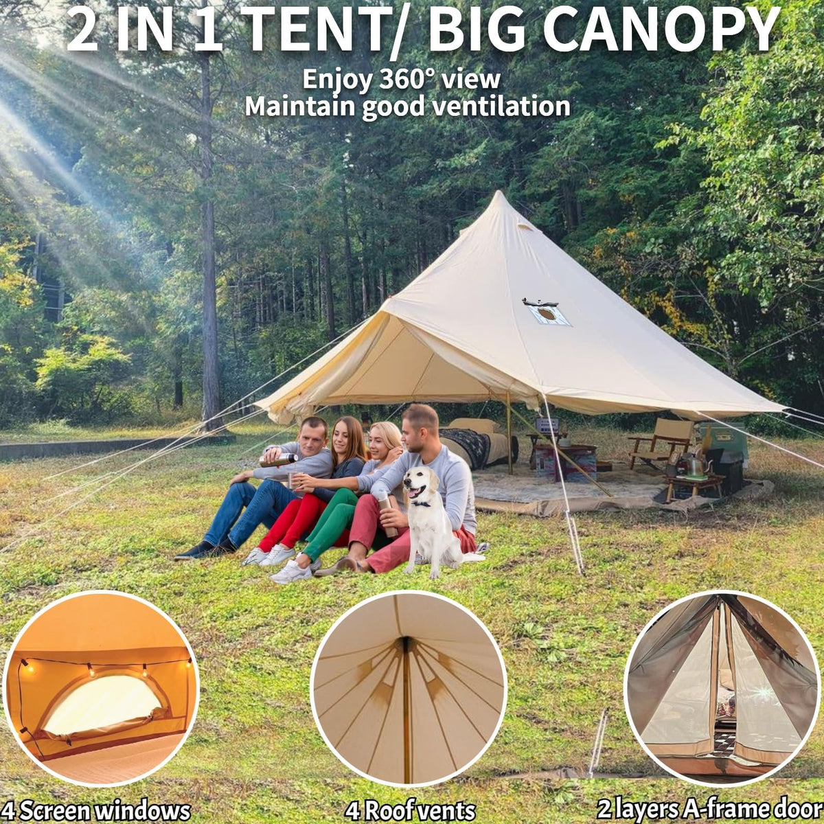 DANCHEL OUTDOOR B5PRO 4 Season Canvas Tent with Stove Jack Camping, Large Bell Tent with AC Port Yurt All Year Living, Luxury Glamping for 8 Person Hunting Party, 20ft/6m