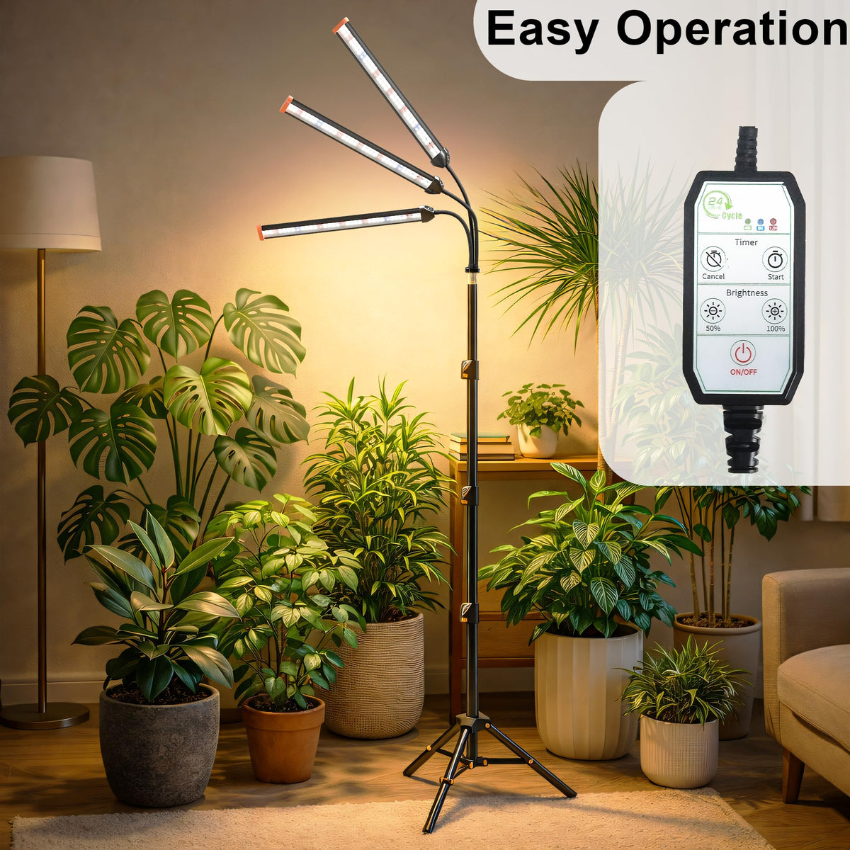 Quehoomii Grow Light with Stand for Indoor Plants,3500K Warm White Plant Light with Red Blue LEDs for Indoor Tall Large Plants Growing,Dimmable & Auto Timer,Height Adjustable 17-61"