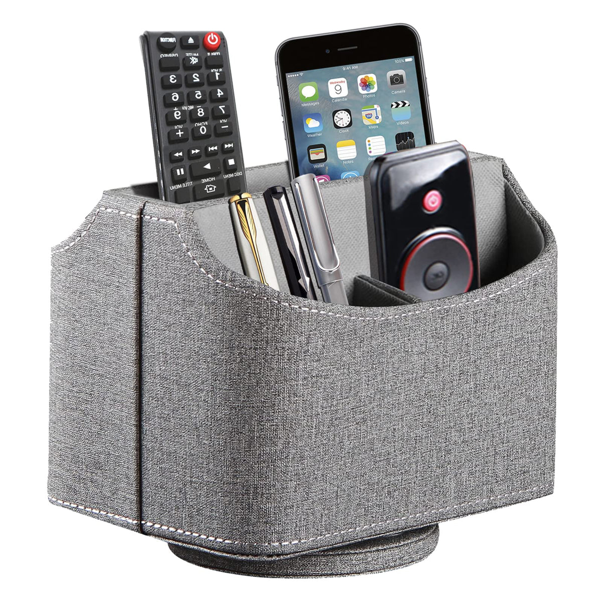 RHCSZ Leather Remote Control Holder 360 Degree Spinning, Desk Organizer for TV Remote Controllers, Caddy,Pen,Calculator,Media Player Storage box (Grey)