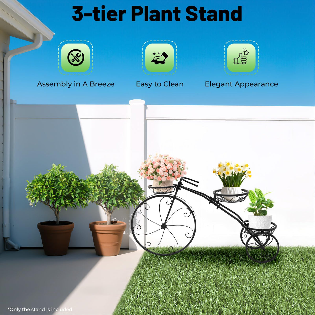 DNYSYSJ Tricycle Plant Stand, Metal Bicycle Plant Stand-Flower 3 Pots Cart Holder Planter Rack Display Yard Indoor Outdoor Garden Patio Decor (Black)
