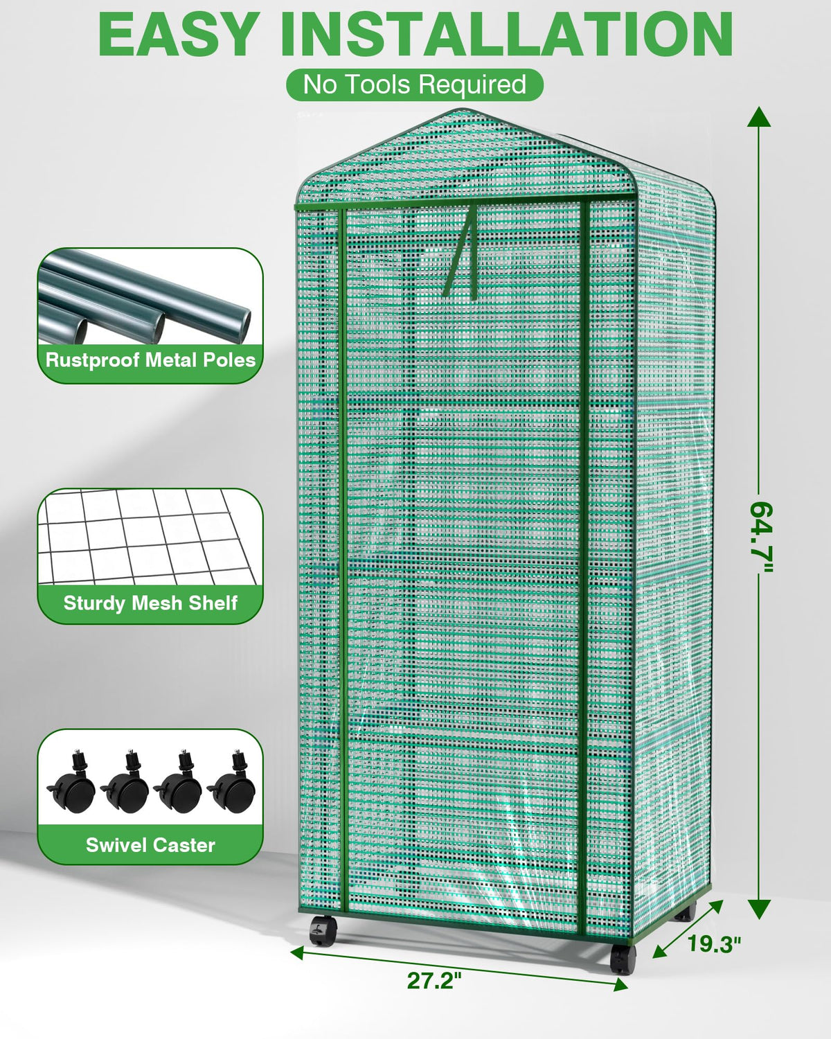 PYY Mini Indoor Greenhouse with Grow Light - Small Portable Outdoor Plant Green House Cabinet with Wheels, Thermometer, PE Tent Cover, 4 Dimmable 3 Color 2FT 36W LED Kit, 4 Tier Gardening Shelves