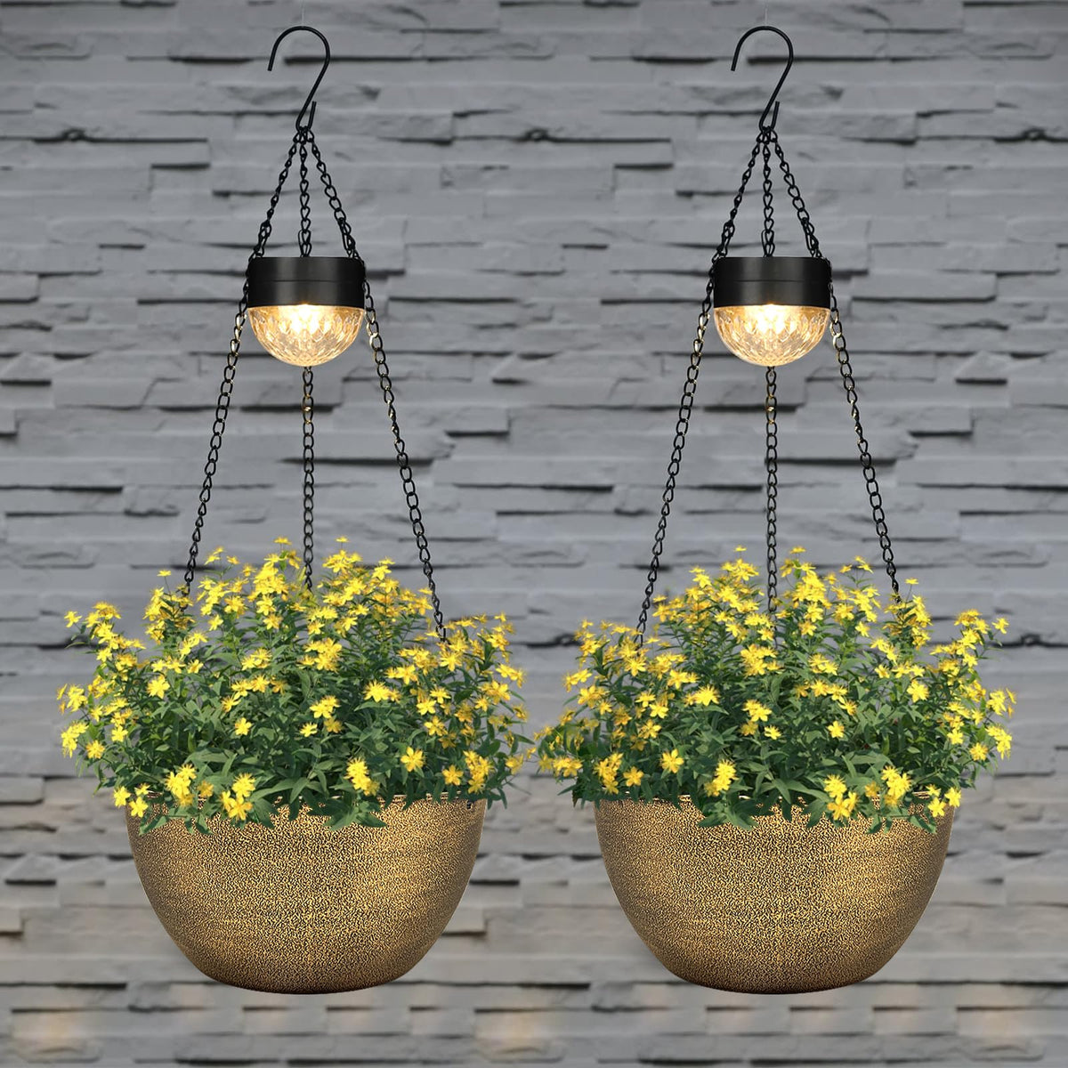 BAYN 2 Packs Solar Hanging Basket Planters for Plants Outdoor, Self Watering Copper Flower Plants Pots with Solar Light Drainer for Balcony Patio Garden Outdoor Decoration
