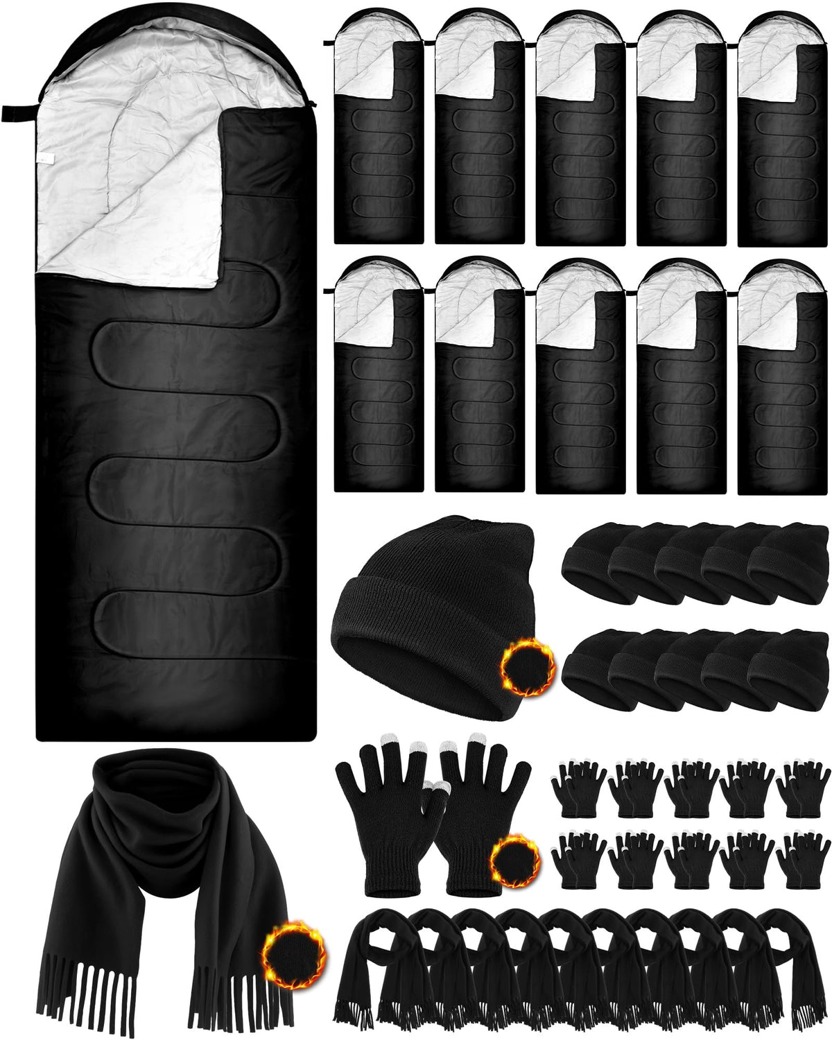 Tranqun 40 Pcs Sleeping Bags for Adult Bulk with Winter Beanie Hat Touch Screen Gloves Scarves, Waterproof Cotton Liner Cold Weather Sleeping Bag for Homeless Camping Indoor Outdoor(Black)