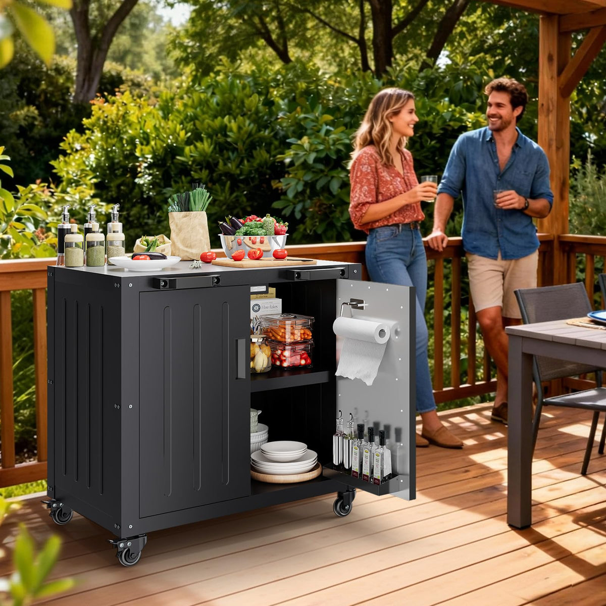 GarveeLife Grill Table, Outdoor Grill Cart with Storage Cabinet, Movable Outdoor BBQ Grilling Table, Made Entirely of Stainless Steel, Outdoor Grilling Station for Kitchen Prep, Lawn & Garden