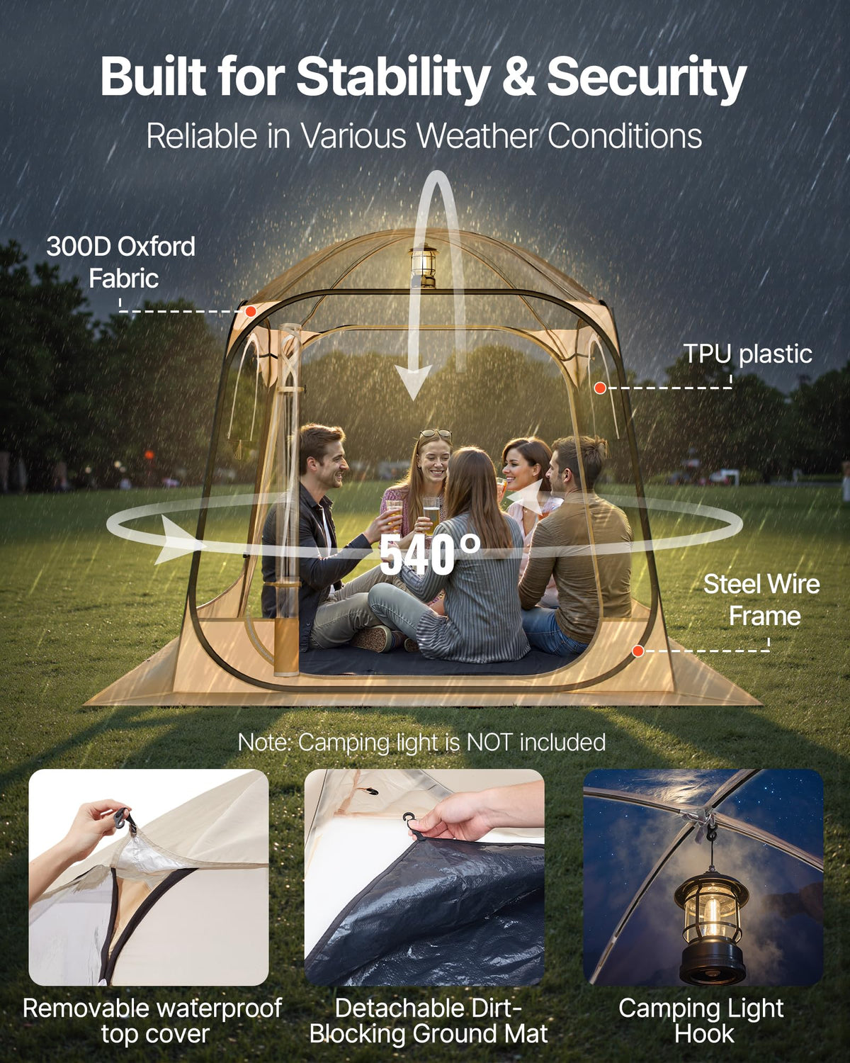 VEVOR Pop Up Sports Tent, 72" x72x76.8 Instant Weather Proof Clear Tent for 4–6 Persons, Portable Foldable Shelter with Removable Floor Mat & Top Cover, for Watching Sports Events, Camping, Fishing