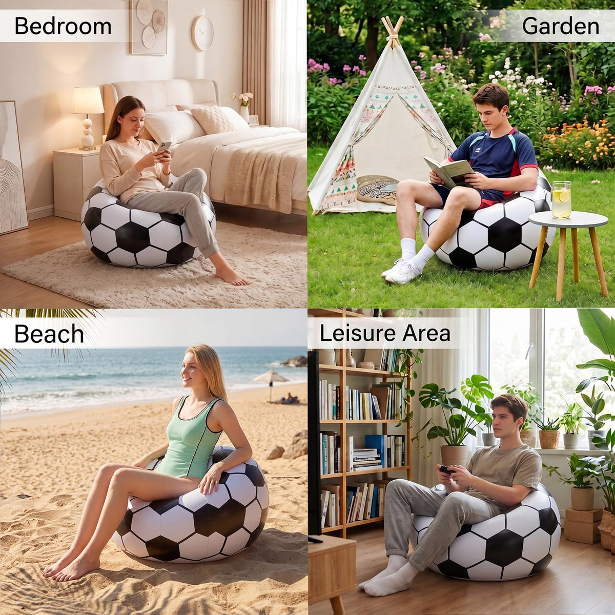 Anglechic 6 Pack Inflatable Soccer Bean Bag Chair 41 Inch Blow up Soccer Sofa with Foot Pump, Inflatable Bean Bag Chair for Adults, Portable Air Cushion Lounge for Outdoor Camping Party