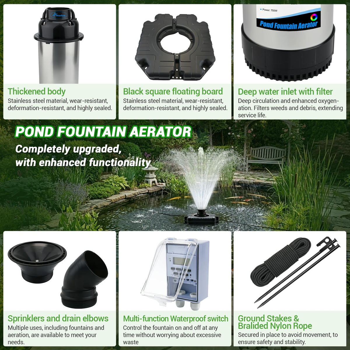 Pond Fountain Aerator, 1HP 750W Floating Fountain Aerator System for Outdoor Small Large Pond Lake, 110V 15000 GPH Fully Automatic Stainless Steel Fountain Pump with 100 Feet Power Cord
