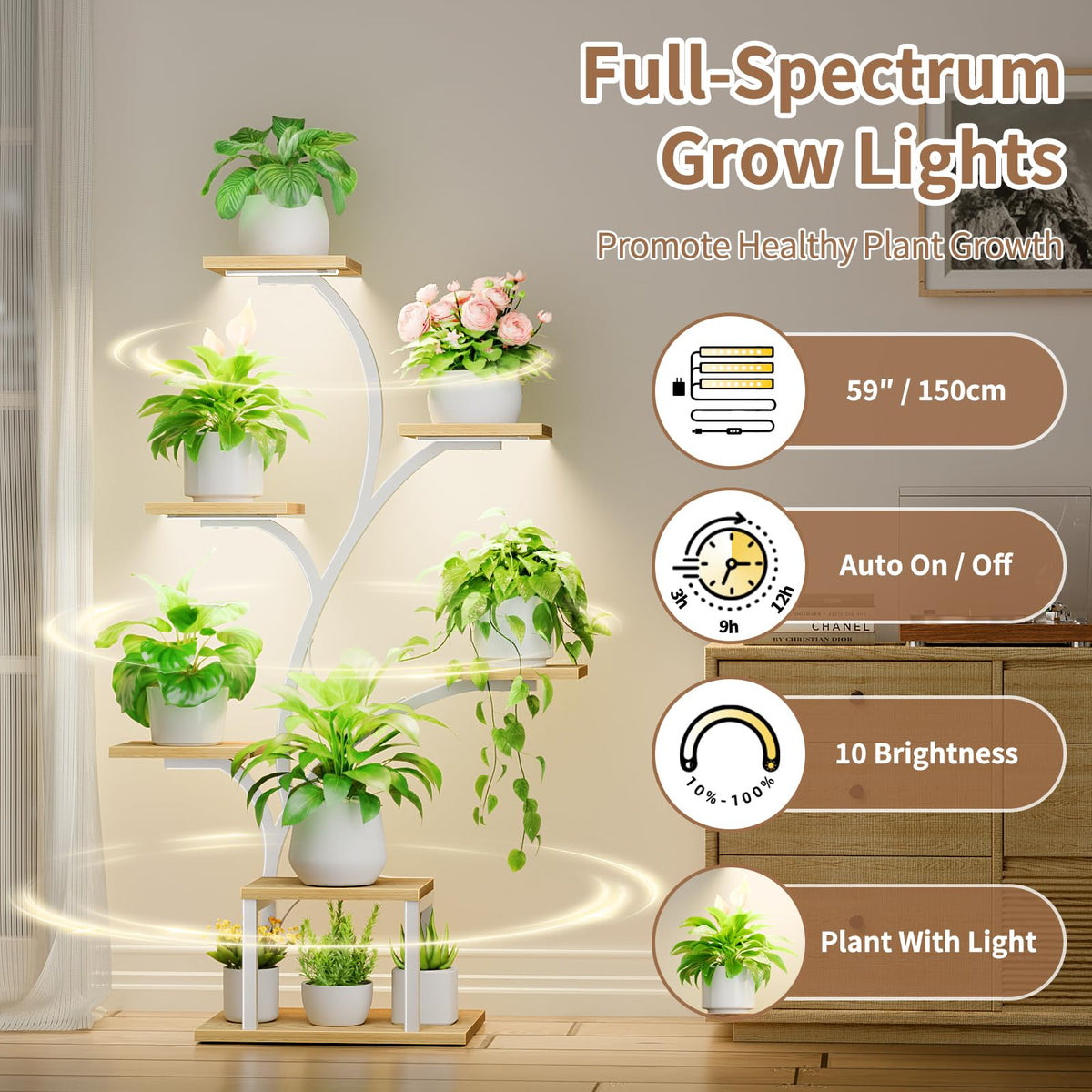 BACEKOLL Plant Stand Indoor with Grow Lights, 7 Tiered Indoor Plant Shelf, 49" Corner Plant Stands for Indoor Plants, Metal Plant Flower Display Shelf, Tree-Shaped Plant Rack for Home, Patio, Natural