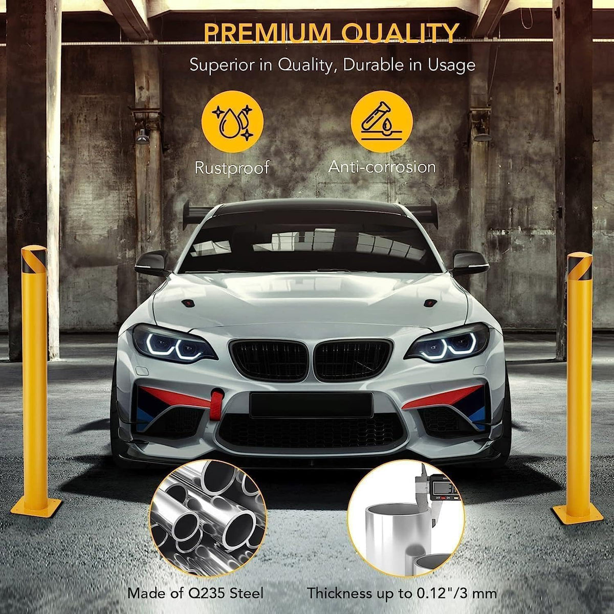 4 Packs 48 Inch Safety Bollard Post, 4.5 Inch Diameter Steel Pipe Bollard with 16 Anchor Bolts, Heavy Duty Yellow Steel Bollard for Parking Lot Security, Driveway Barrier, Warehouse Entrance