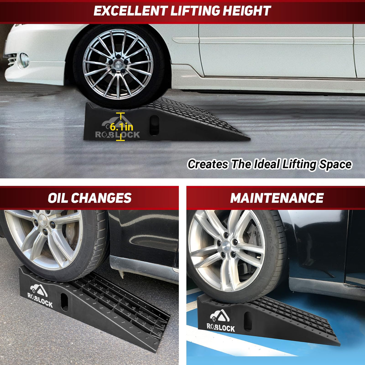 ROBLOCK Heavy Duty Low Profile Car Ramps for Oil Changes, Portable Car Ramps for Low Cars High Lift and Jack Support, Vehicle Ramps for Garage, 35.63''x12''x8.07'', G.V.W 13000 LBS, 2 PCS