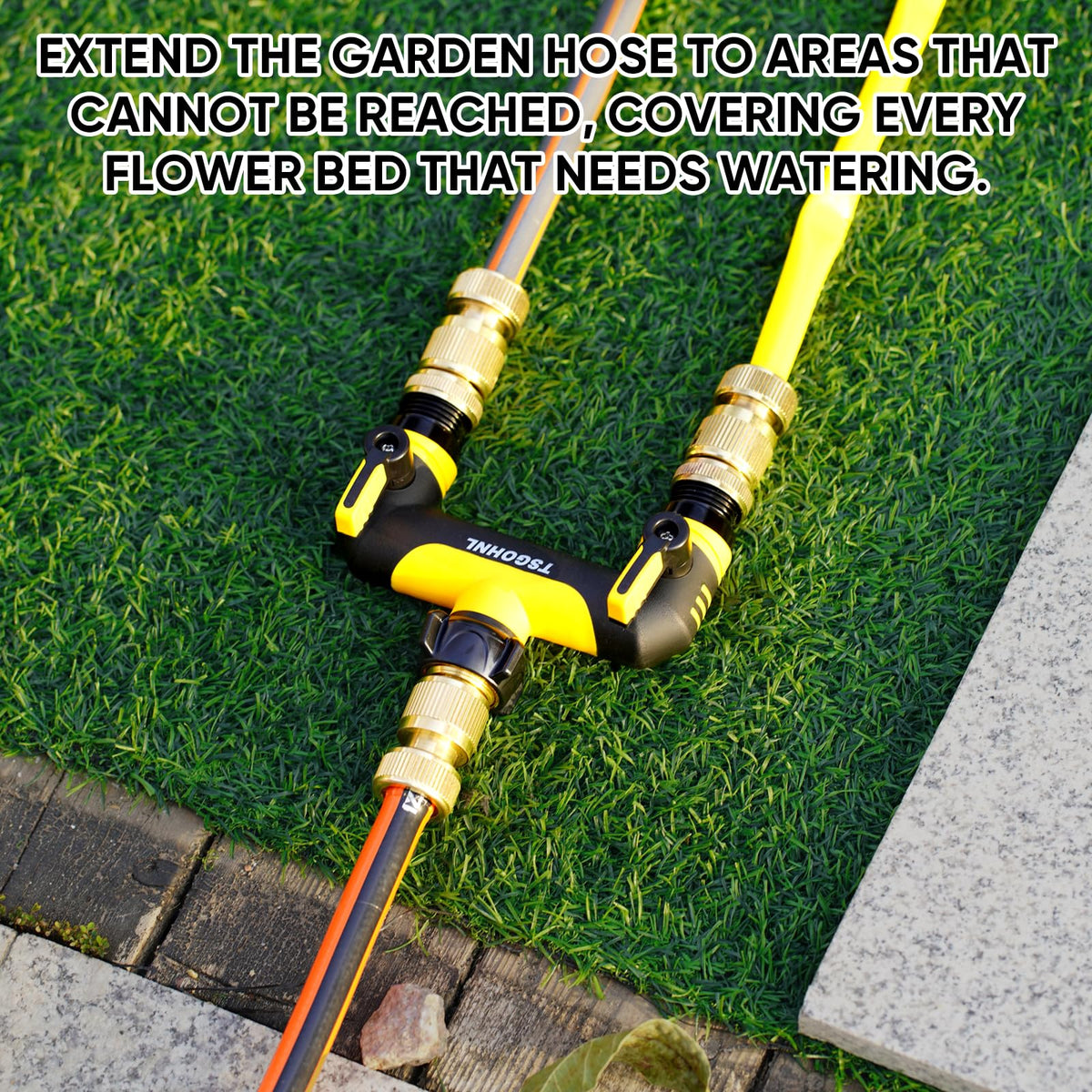 2 Way Garden Hose Splitter, 3/4 Inch Outdoor Faucet Splitter, Hose Manifold with Independent Shut Off Valves, Wide Spacing for Hose Timers, Sprinklers, Lawn, Yard and Garden Watering - yellow