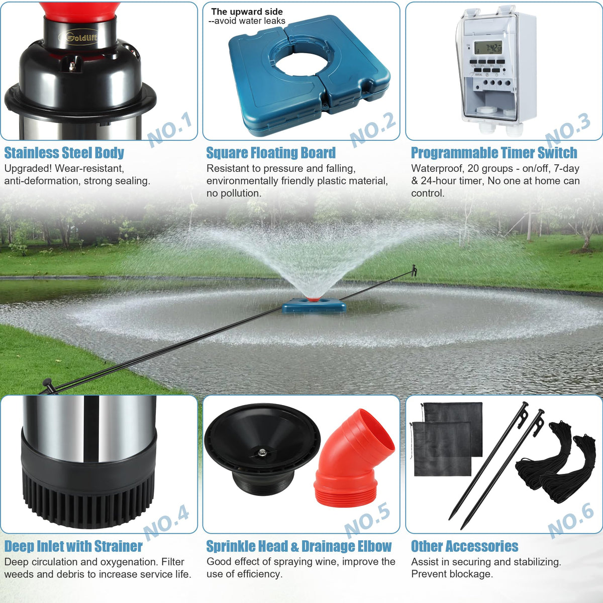Goldlife Pond Fountain Aerator, F2-2 1HP 750W 110V Stainless Steel Floating Fountain With 100 Feet Power Cord, Timer, Aerating Fountain Pond Cascade Pump for Small Large Ponds Lake Jet System