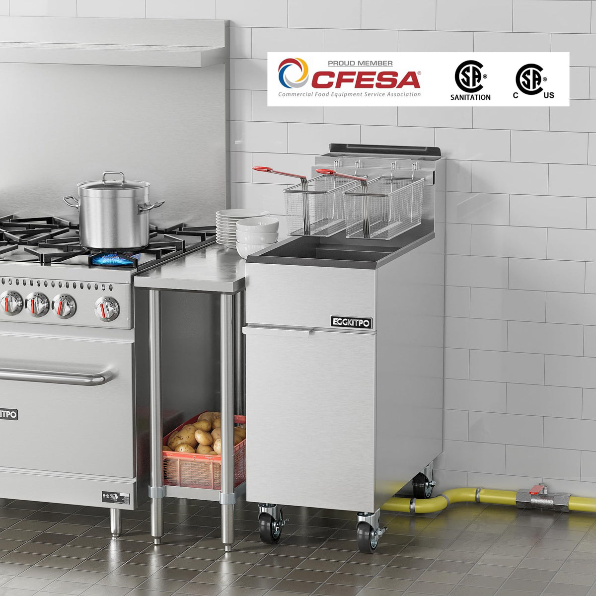 EGGKITPO (ECF3-NG) 40LB 90,000 BTU Natural Gas Fryer and 10L×2 Commercial Fryer with Timer and Basket Dual Tank Fryer(120v 3600w)