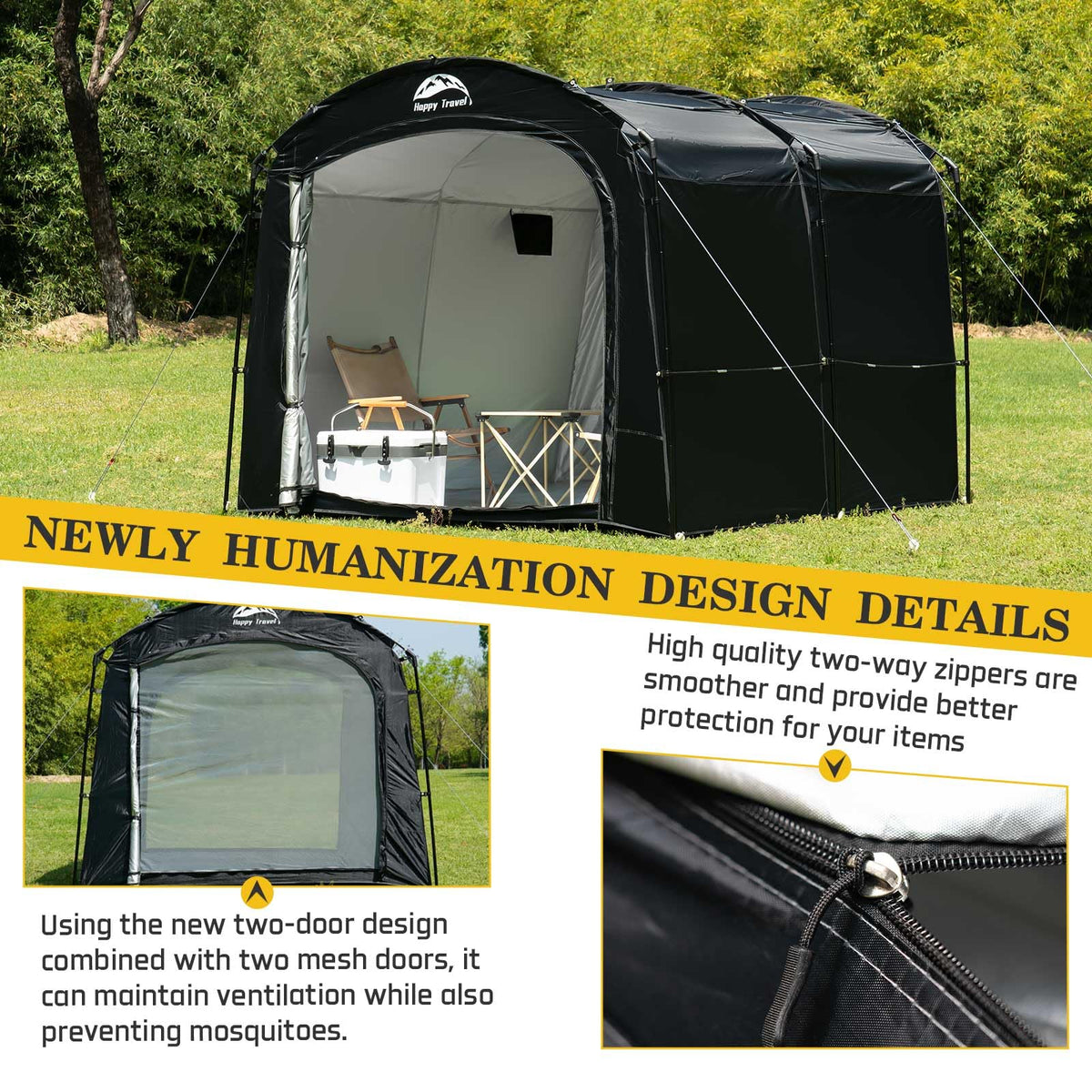 Happy Travel Bike Storage Tent, Outdoor 8×7×6.3ft Large 2-in-1 Portable Shed More 30% Top Space W/Double Doors with Mesh, Outside Lawn Mower Shelter and Bicycle Cover for Patio Furniture, Garden Tools