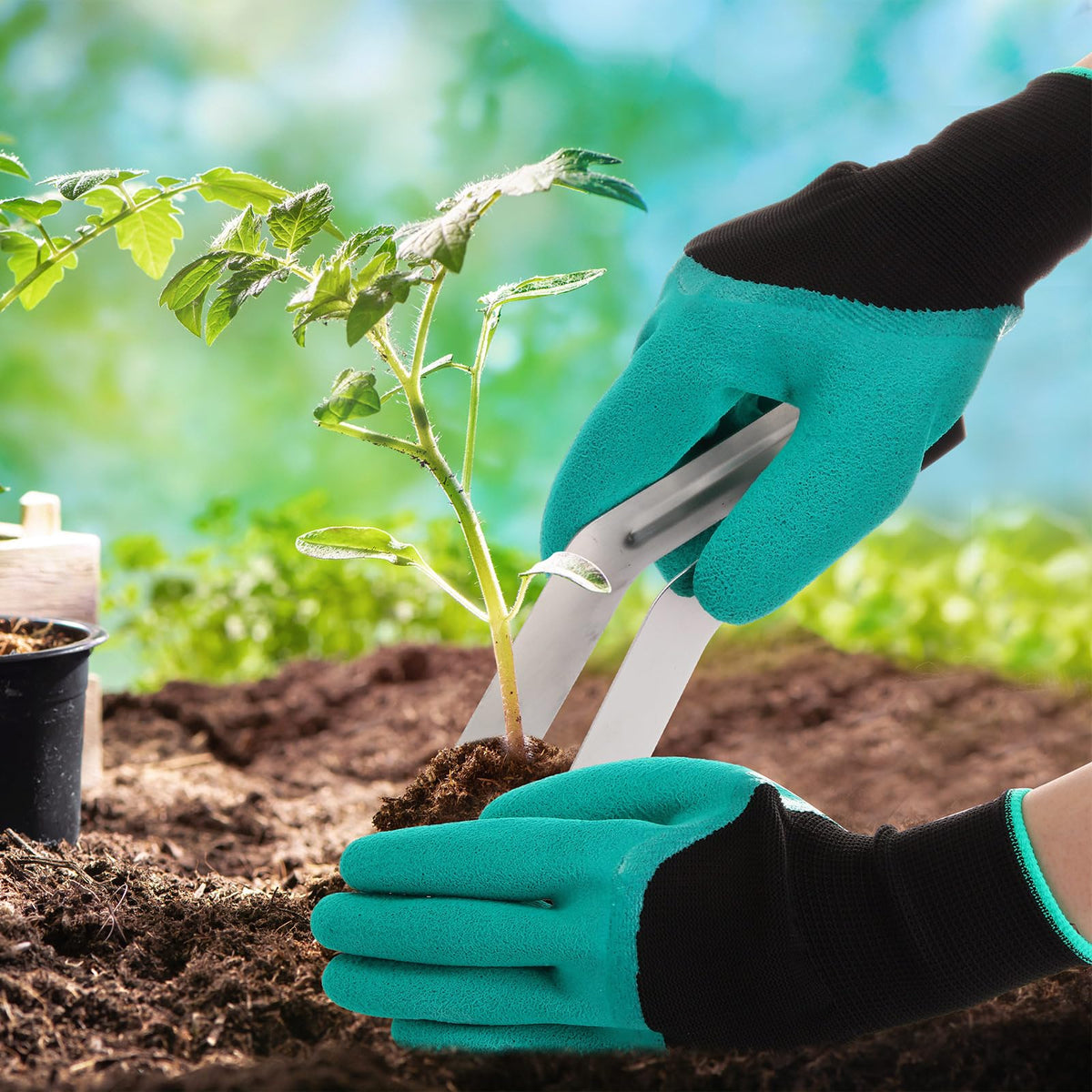 Reallnaive 4 Pcs 6.7 Inch Seedling Transplant Tongs with Gardening Gloves 2 Stainless Steel Gardening Plants Transplant Tongs 2 Rubber Coated Protective Gloves with Grip for Reducing Root Damage