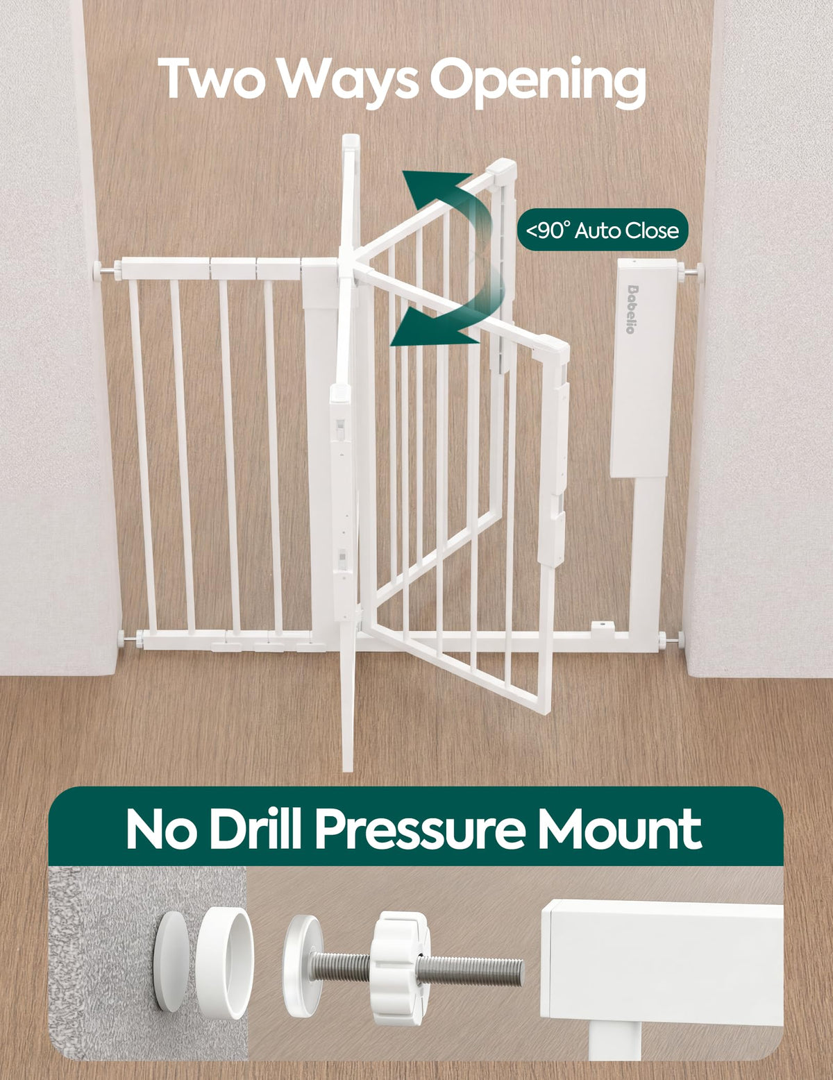 Babelio Smart Baby Gate with Auto-Unlock/Close, Pressure Mounted No Drill for Doorways/Top of Stairs. Pet/Dog Door Wide Walk Thru w/Infrared Sensor & Instant Safety Alert (White, 26.3-37.8" W, 30" H)