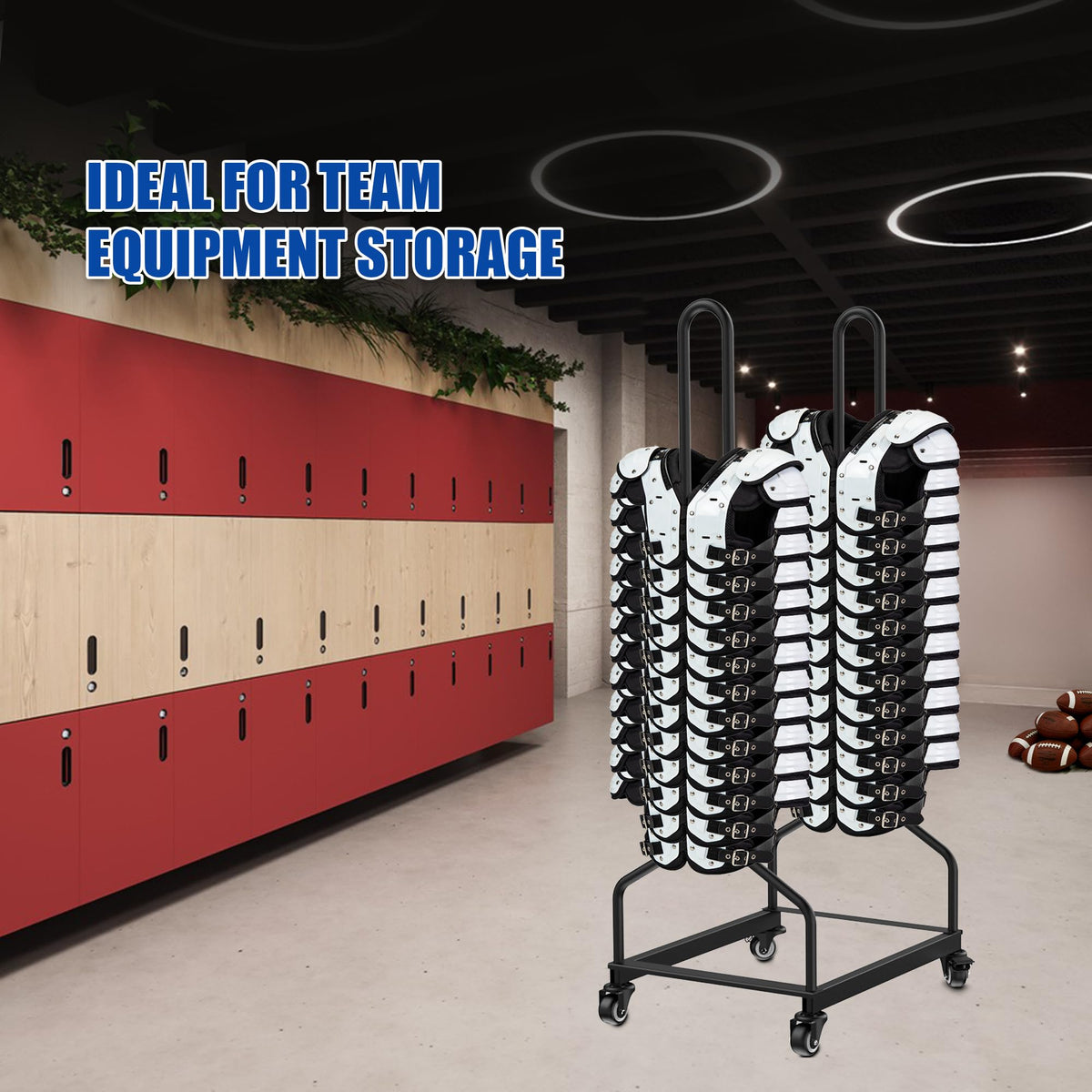 Football Shoulder Pad Rack with Lockable Wheels, Heavy Duty Steel Football Shoulder Pad Holder, Large Capacity Sports Equipment Storage Rack for Locker Room, Team Equipment and Training Facilities