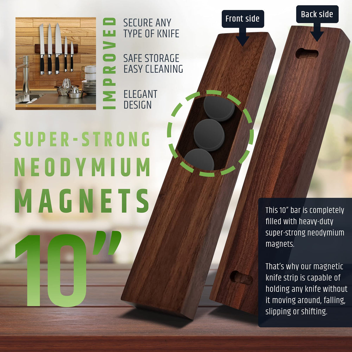Premium 10 Inch (Small Size) Dark Walnut Wood Magnetic Knife Holder – Professional Wooden Magnetic Knife Strip - Space-Saving Knife Rack/Knife Bar With Powerful Magnetic Pull Force (Upgraded Version)