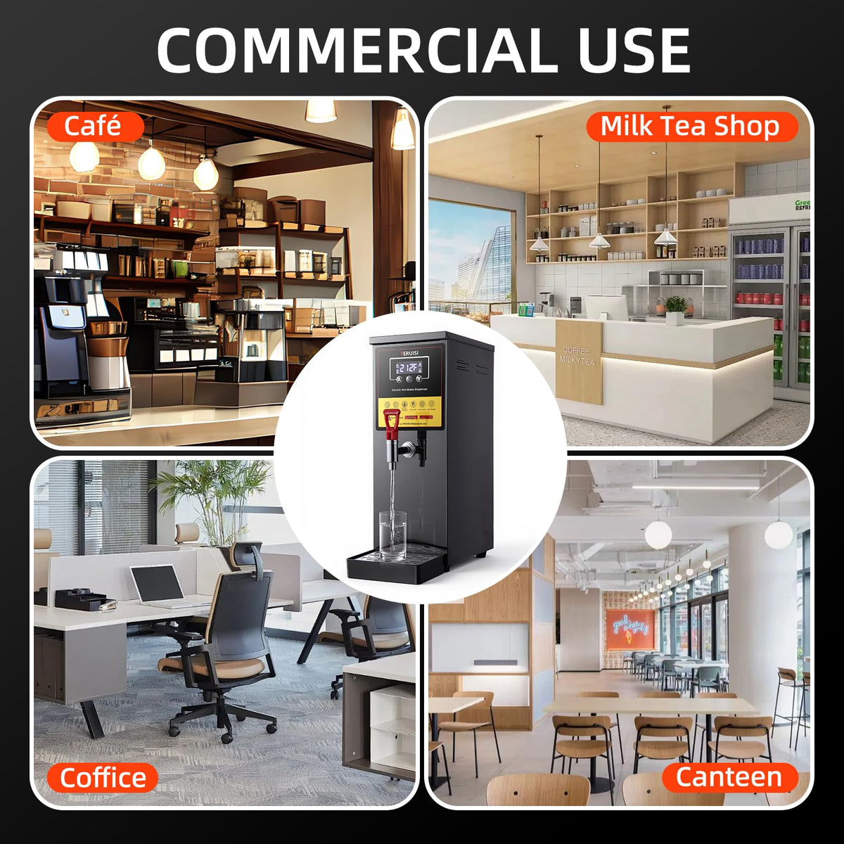 TERUISI Commercial Hot Water Dispenser, 1600W Electric Water Boiler Countertop, 30L(8Gal)/H Step-Heating Stainless Steel Water Dispenser with 86°F-212°F Temperature Control for Office Bars Hotel, 8L