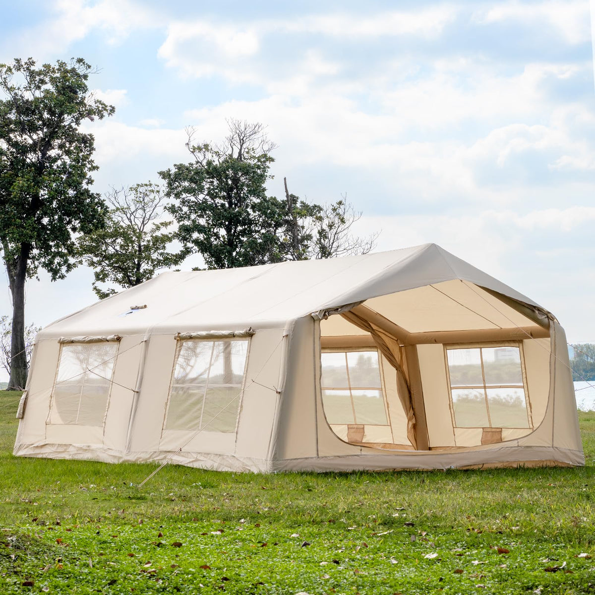 WaldZimmer 17sq Beige Inflatable Camping Tent with Hand Pump Easy Setup Waterproof Windproof Outdoor Blow up Tent 8-12 Person Oxford 4 Season Glamping Air Tents Cabin House with Mesh Windows & Door