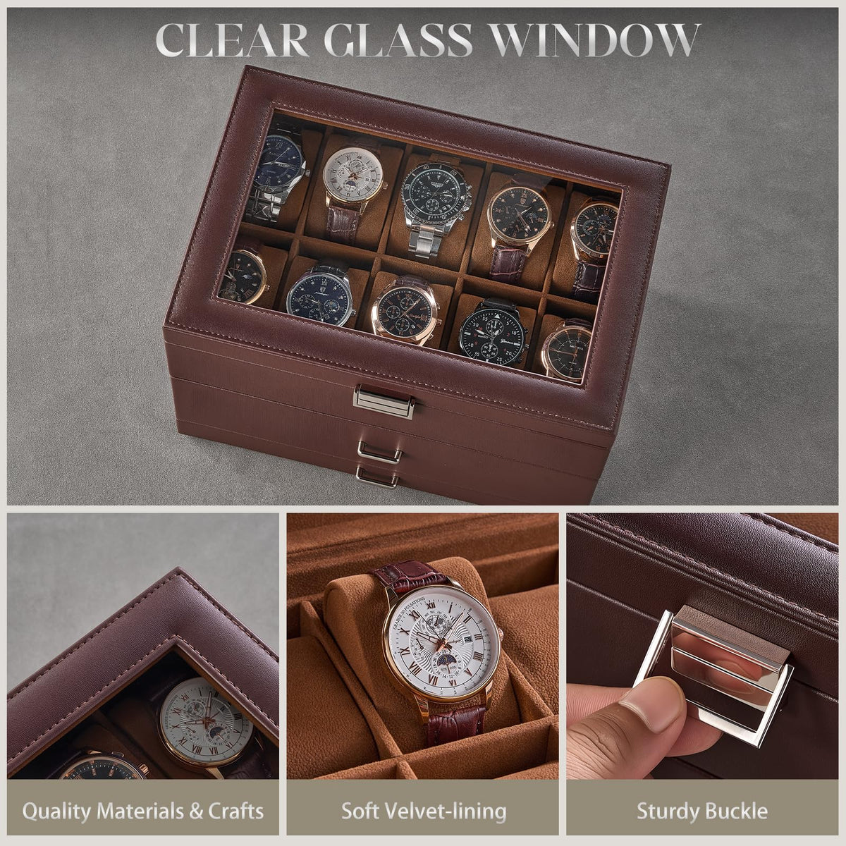 ProCase 20 Slot Watch Box for Men, 3-Layer Watch Display Case with Glass Lid, Watch Holder with Drawer, Jewelry Storage Organizer for Watches Straps Rings, Fathers Day Gift -Brown