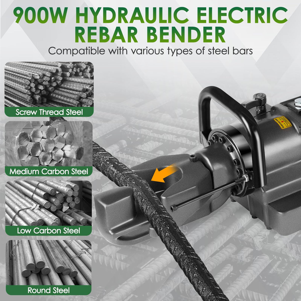 YIXBIZHU 900W Electric Handheld Hydraulic Rebar Bender 3‑Second Bends for #3‑#5 (6‑16mm) Steel Bar, 0‑130° Angle Dial, Lightweight Aviation‑Aluminum Body, 110 V Portable Steel Rod Tool（NRB‑16）