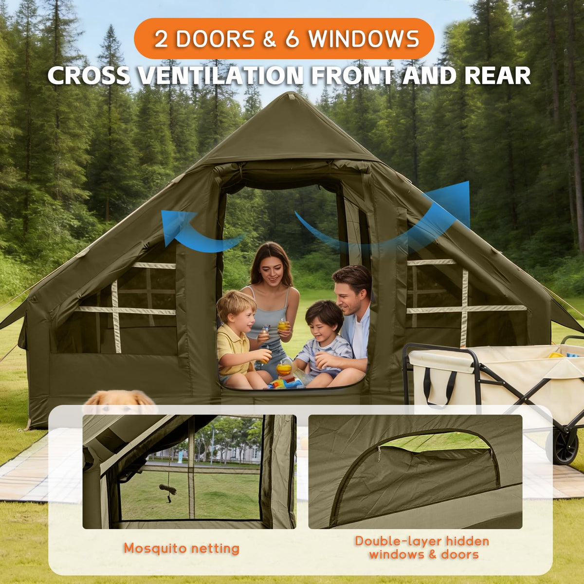 Inflatable Tents for Camping, 4-6 Person Easy Blow Up Tent with Hand Pump,4 Seasons Waterproof Air Inflatable Camping Tent,Hot Tent with Skylight and Stove Jack for Family Camping,Green