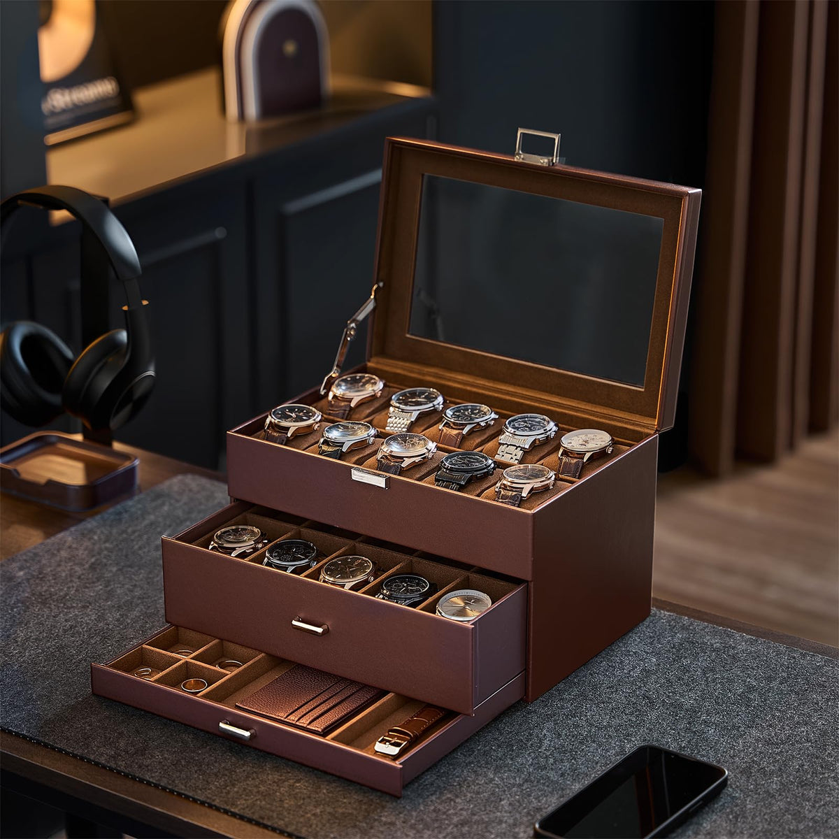 ProCase 20 Slot Watch Box for Men, 3-Layer Watch Display Case with Glass Lid, Watch Holder with Drawer, Jewelry Storage Organizer for Watches Straps Rings, Fathers Day Gift -Brown