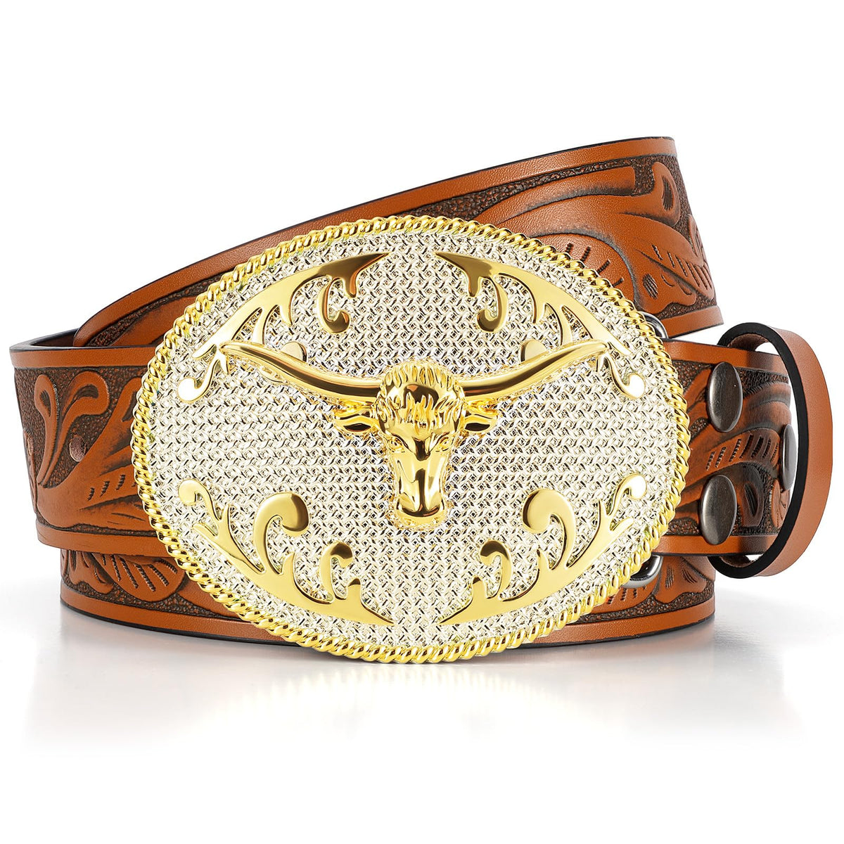 SANSTHS Cowboy Belts for Men Women, Western Leather Belt with Big Buckles Mexican Country Black Longhorn Bull Belt for Jeans, Brown