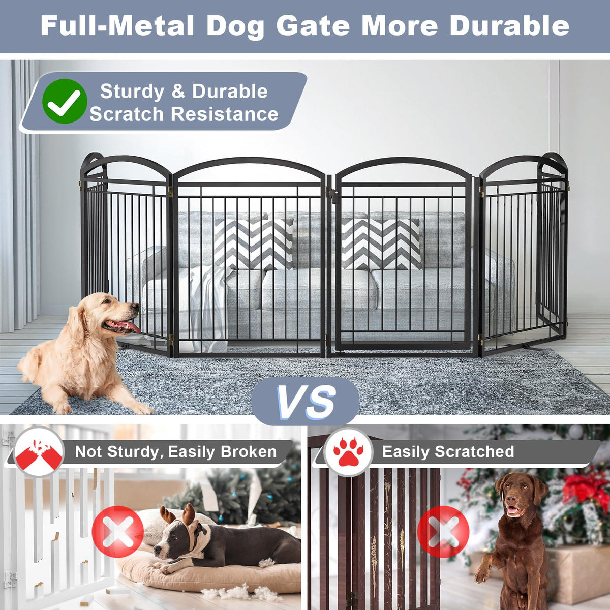 Full Metal Free Standing Dog Gate with Door for Indoor Barriers,144'' Extra Wide 32'' Tall Dog Gate for Doorways,Large Openings,Decks,Freestanding Portable Pet Fence(6 Panels,Black)