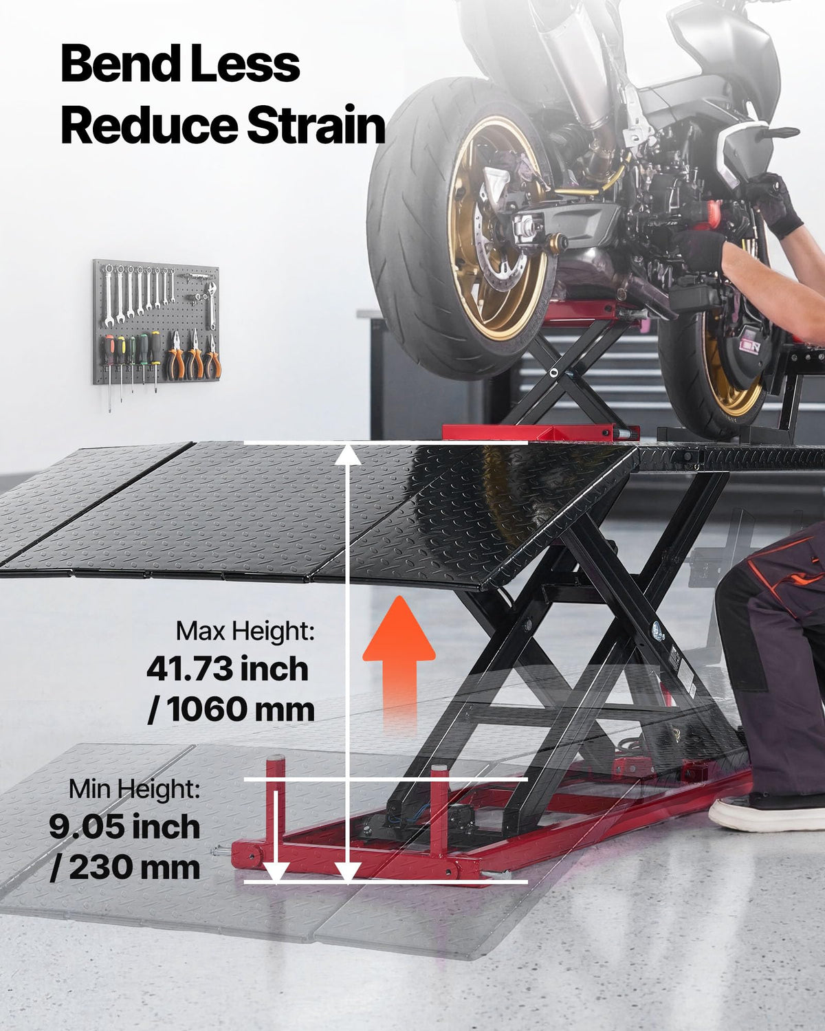 VEVOR Motorcycle Lift Table, 1500 lbs Capacity, Electric Hydraulic Pump with Scissor Lift Jack, Wheel Chock, 9.05"-41.73" Height, 78.3" x 50.4" Extra-Wide Heavy Duty Repair Stand for ATV, Dirt Bike
