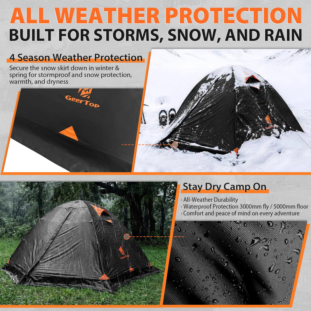 GEERTOP 2 Person 4 Season Blackout Camping Tent - Sleep in Darkroom, Waterproof Rainfly, Snow Skirt, Lightweight Aluminum Pole, Easy Setup for Hiking, Mountaineering, Family Camp