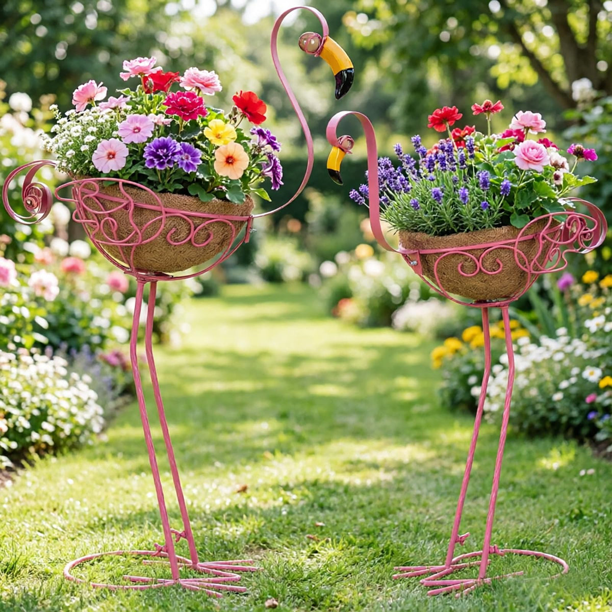 Derynome Pink Flamingo Garden Planters, Set of 2 Metal Flamingo Outdoor Planters with Basket, Flamingos Decorations for Indoor Outdoor Garden Decor