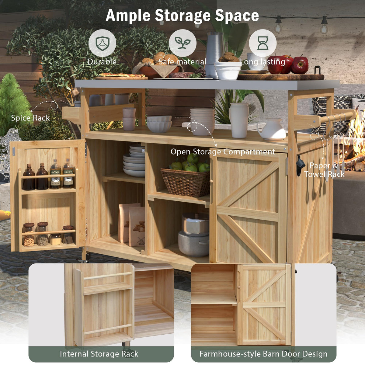 ABBSR Outdoor Grill Cart with Stainless Steel Top, BBQ Grill Prep Table with Cabinet, Wood Rollling Outside Kithen Island with Storage for Outdoor Cooking Garden Patio Backyard Parties(Natural)