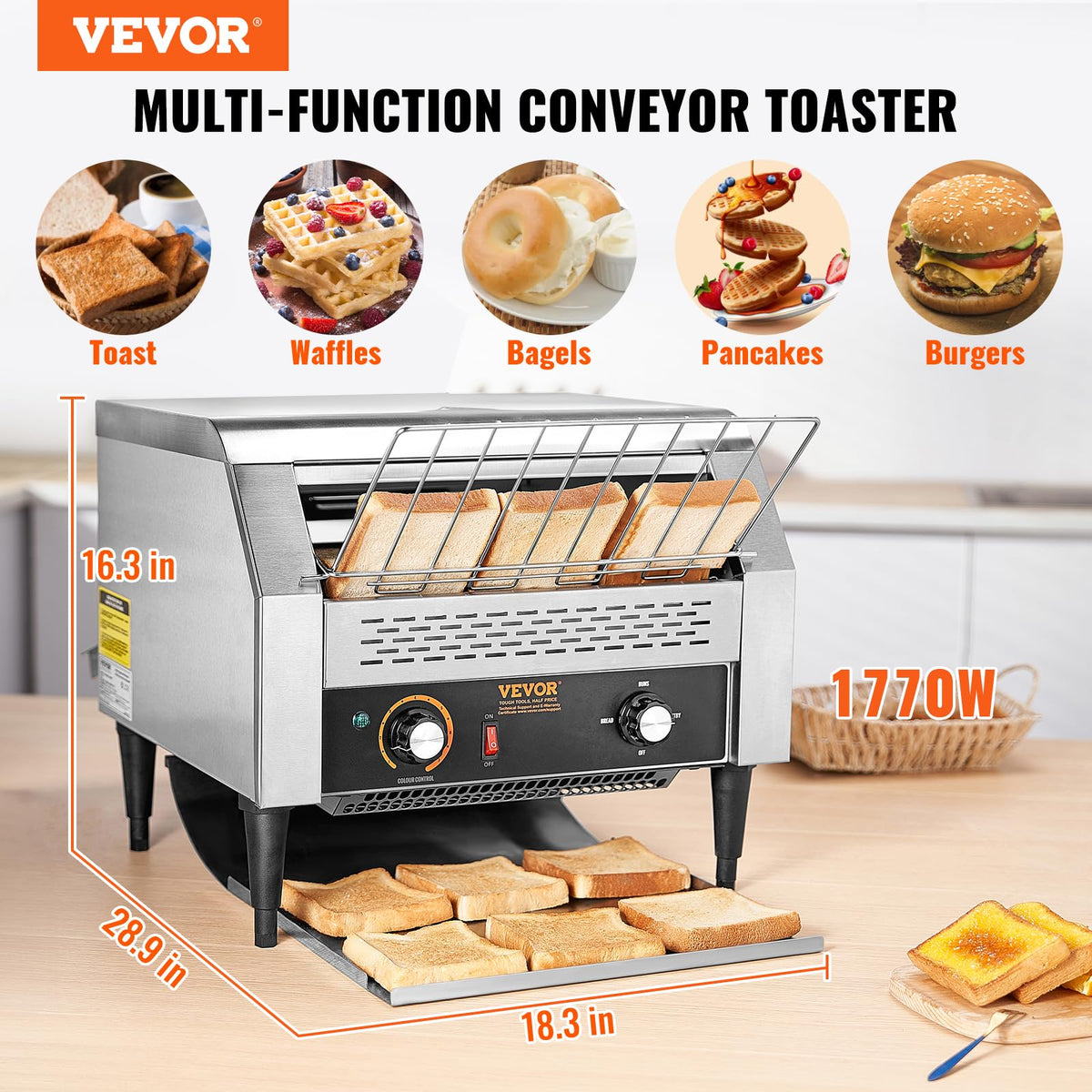VEVOR 1770W Commercial Conveyor Toaster, 450 Slices per Hour, Heavy Duty Electric Toaster Oven, Food-Grade 304 Stainless Steel Conveyor Belt, Dual Knob Control, for Restaurant Bakery Bread Bagel Bun
