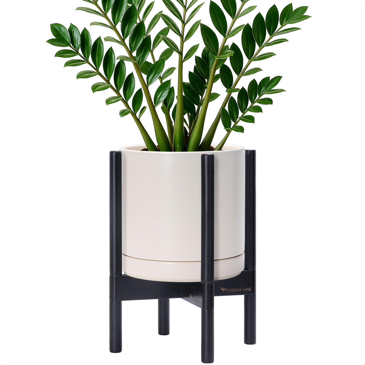 D'vine Dev Ceramic Planter with Ebony Stand - 10 Inch Modern Round Flower Pot with Wood Planter Holder, Oatmeal, 55-B-L-8