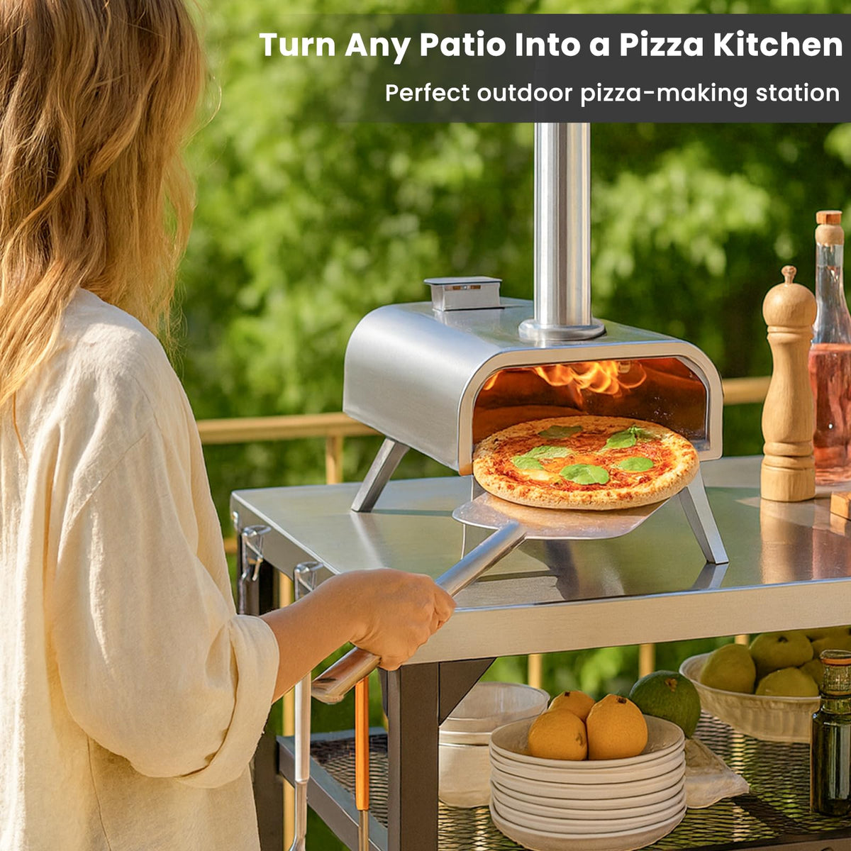 Pizza Oven Table for Ninja Woodfire, Blackstone, Cuisinart, 32x24 Inch Stainless Steel Outdoor Grill Prep Cart with Hooks, Portable Food Station