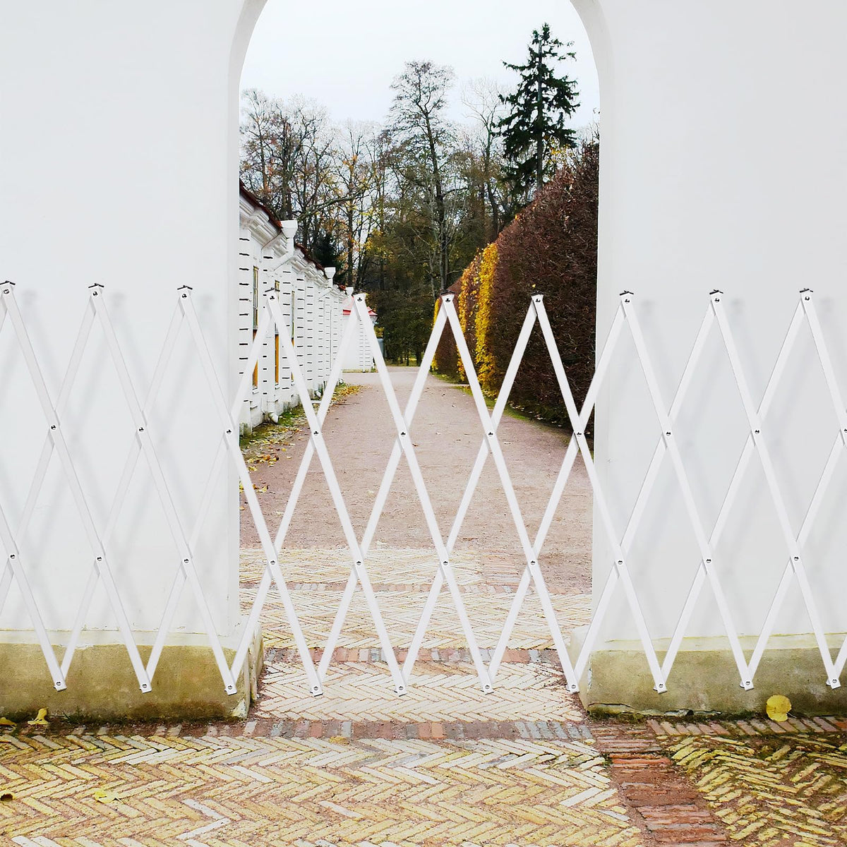 AkiiGer Metal Expandable Barrier Fence for Dogs, Portable Barricade Gate with Casters, Foldable Pet Gate Indoor Outdoor for Rooms, Stairs, Driveway, Garage, Yard, Doorways, 11 Feet, White