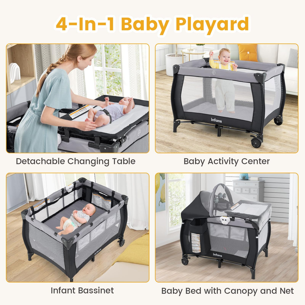 INFANS 4 in 1 Pack and Play, Portable Travel Baby Playard with Bassinet, Changing Table, Canopy, Mosquito Net, Hanging Toys, Music Box, Storage Bag, Large Playpen from Newborn to Toddlers (Black)