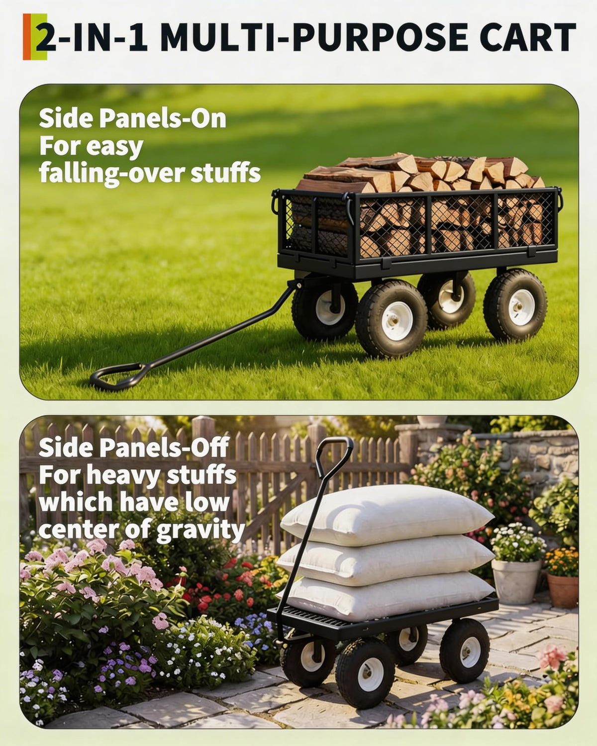 GarveeTech 1000LBS Heavy Duty Steel Garden Cart, Garden Wagon Cart on Wheels, Metal Yard Utility Wagon with Removable Mesh Sides, 13" All Terrain Tires, 180° Rotating Handle for Lawn, Garden, Farm